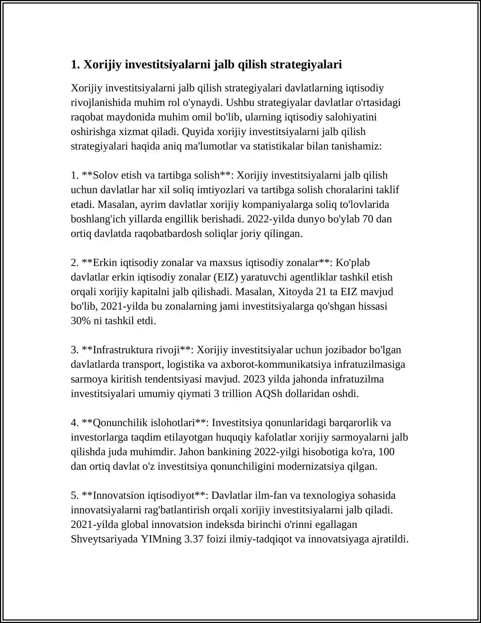 XORIJIY INVESTITSIYA FAOLIYATI VA INFRATUZILMA 3