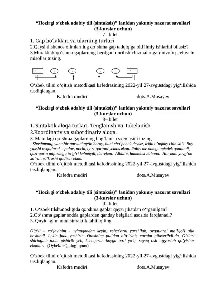 Hozirgi o‘zbek adabiy tili (sintaksis) fanidan yakuniy nazorat savollari (3-kurslar uchun) 3