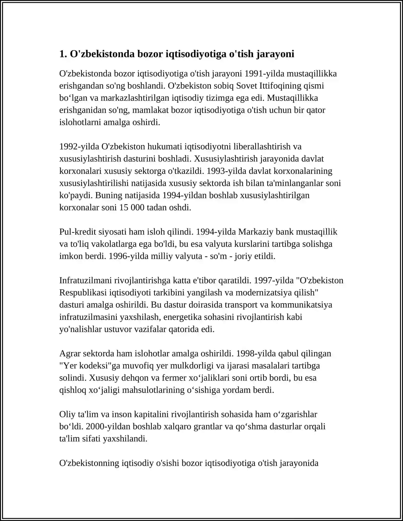 Mavzu: OʻZBEKISTONDA BOZOR MUNOSABATLARNING RIVOJLANISHI 3
