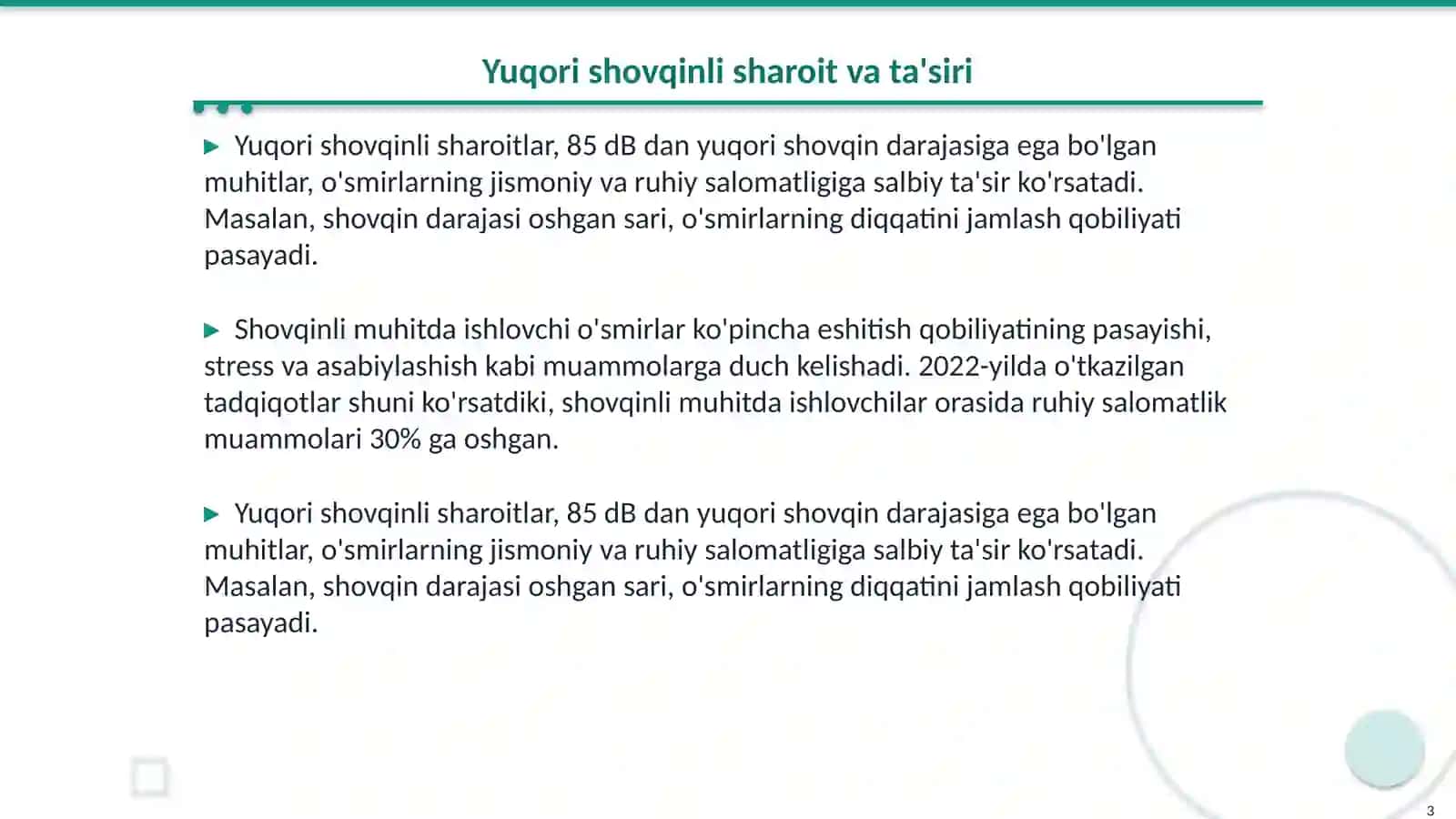 Yuqori shovqinli sharoitda ishlovchi o'smirlarning mehnat sharoitini o'rganish 3