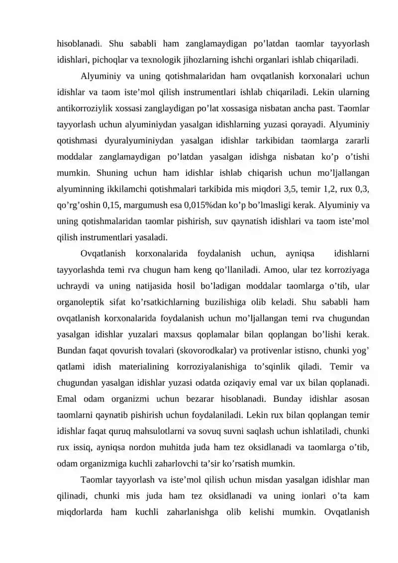 Idish, inventar va texnologik jihozlar materiallariga qo’yiladian talablar 3