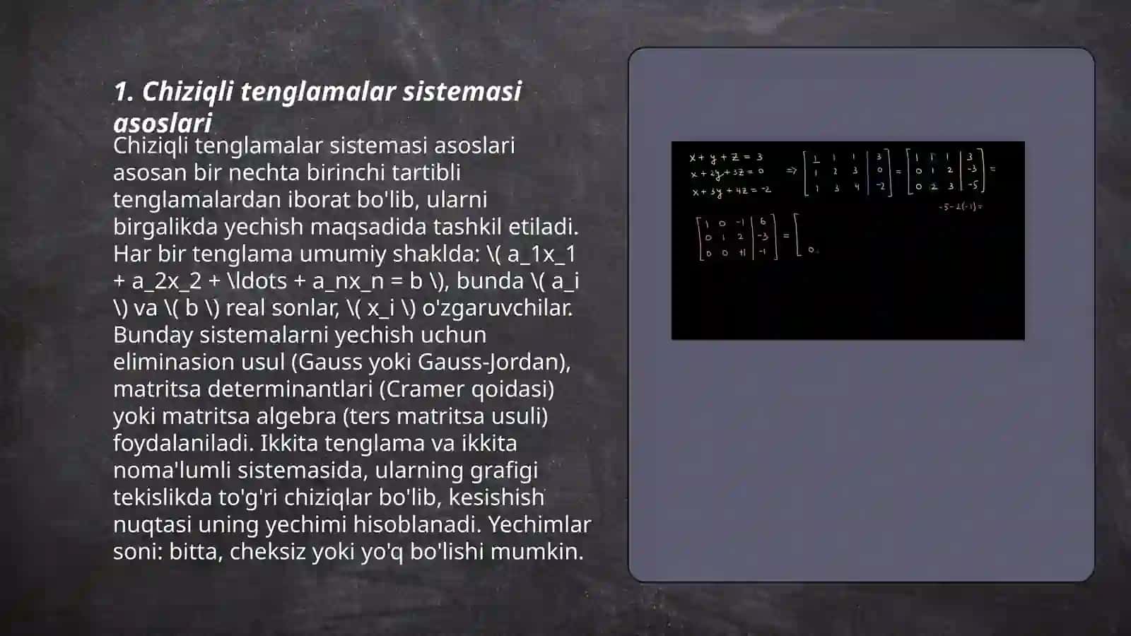 Chiziqli tenglamalar sistemasi Gauss va teskari matritsa usulida yechish 3