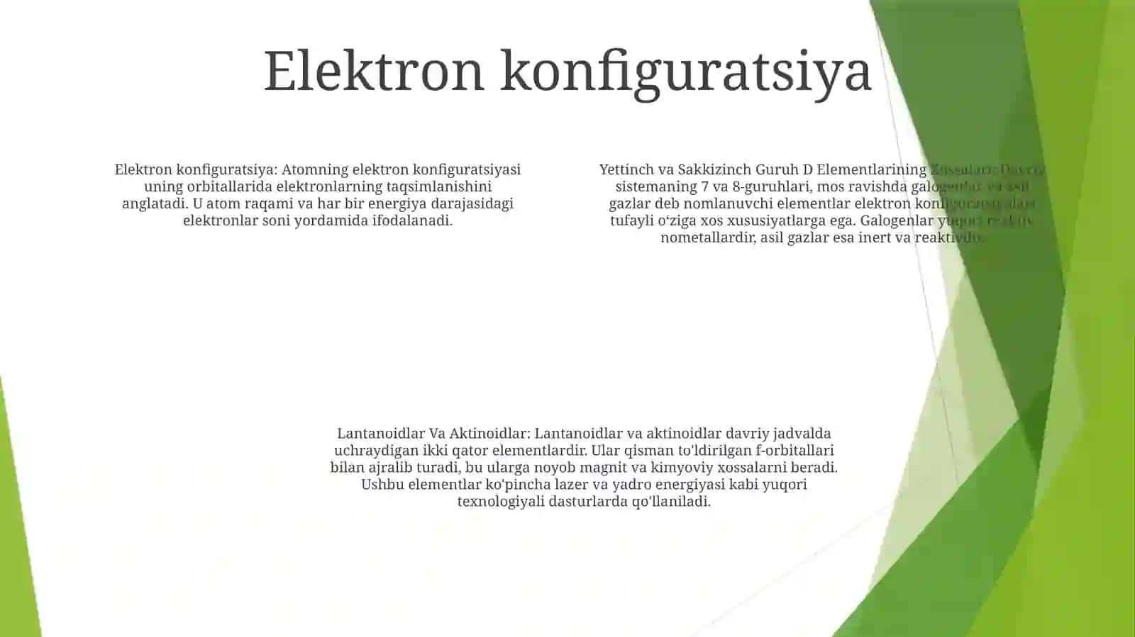 Yettinch va sakkizinch Guruh D Elementlarining Xossalari Lantanoidlar va Aktinoidlar 3