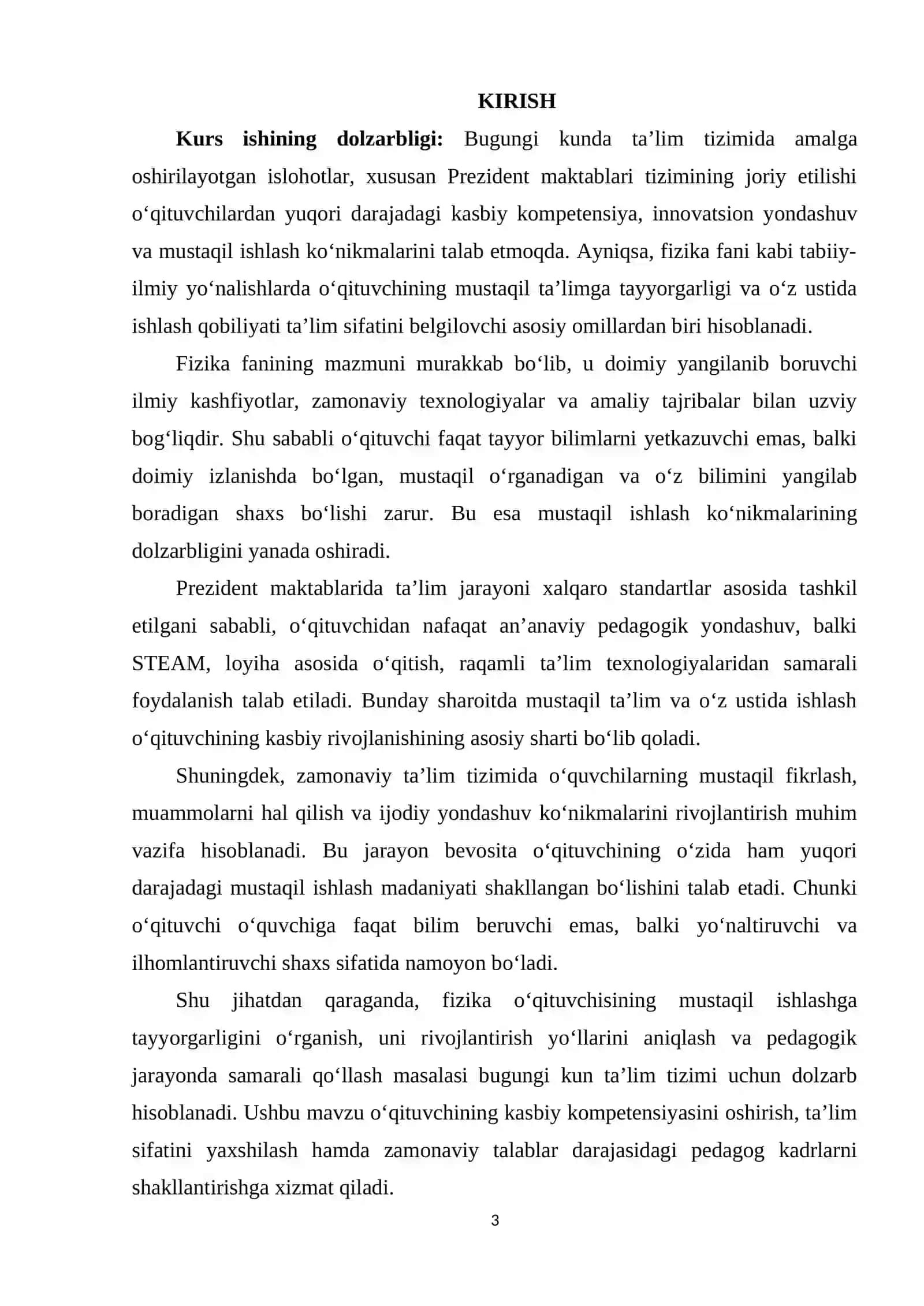 PREZIDENT MAKTABLARIDA FIZIKA O'QITUVCHISINING MUSTAQIL ISHLASHGA TAYYORGARLIGI KURS ISHI 3