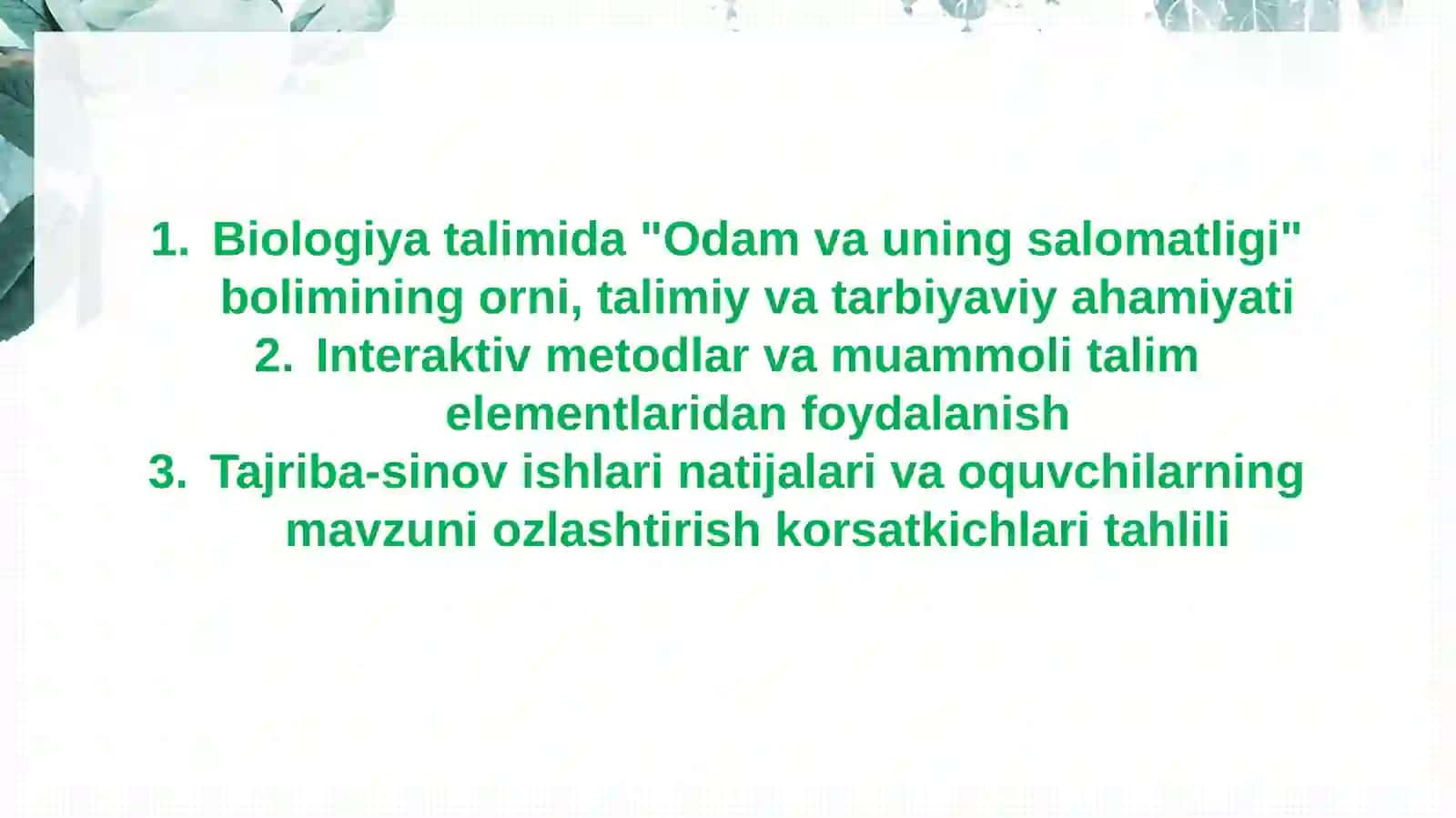 BIOLOGIYA YO‘NALISHI 03/23 GURUH TALABASI ISAQOVAUMIDANING BIOLOGIYA O‘QITISH METODIKASI 3