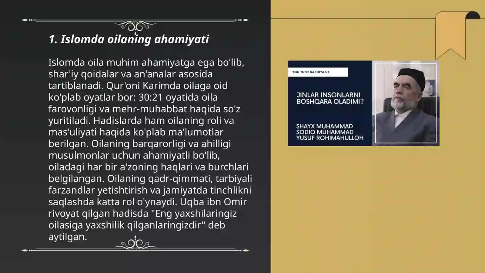 Shayx Muhammad Sodiq Muhammad Yusufning “Baxtiyor oila” asarida islomqadriyatlarining talqini mavzusida taqdimot tayyorlash 3