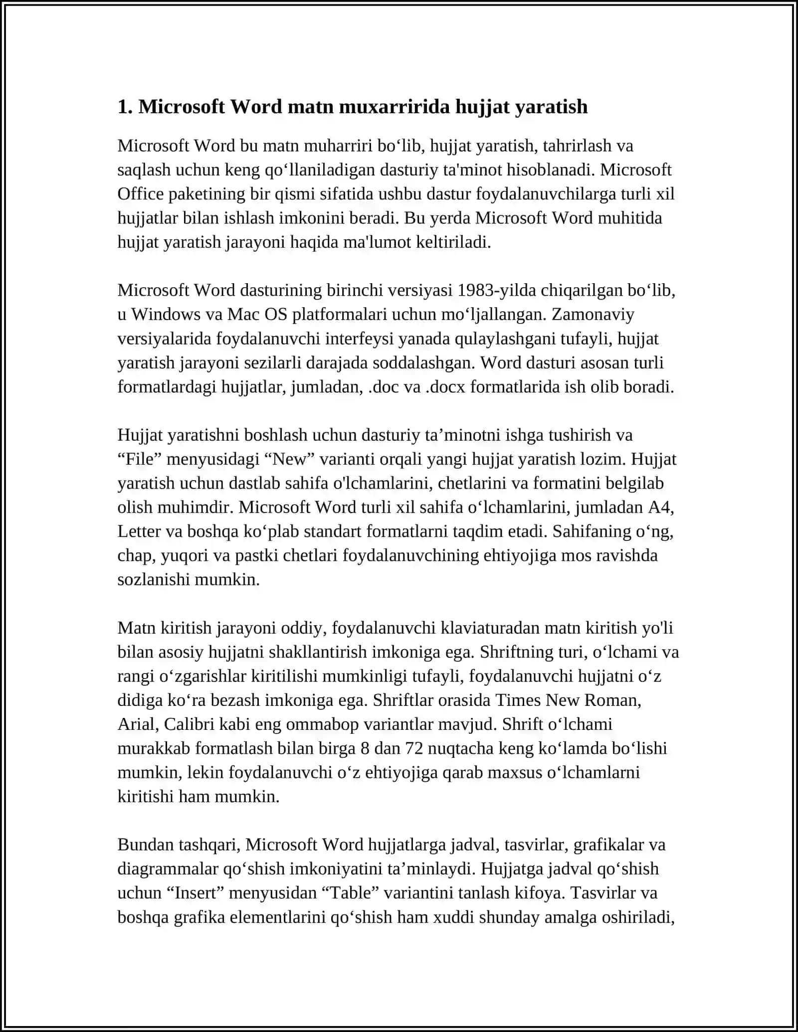 MICROSOFT WORD MATN MUXARRIRIDA HUJJATLAR YARATISH, HUJJATLARNI SAQLASH, HUJJATDAN CHIQISH USULLARI 3