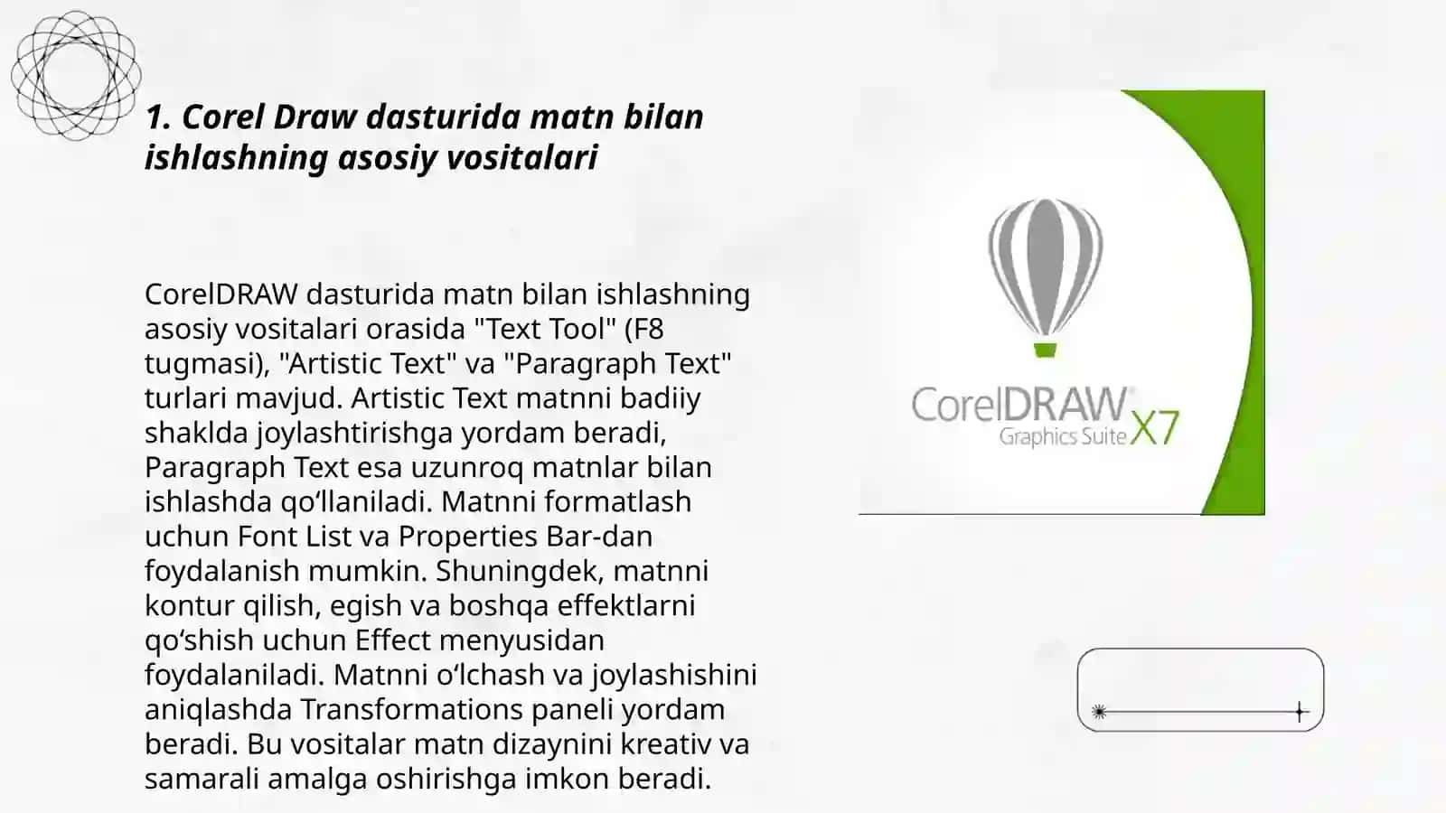 Corel Draw dasturida matn bilan ishlashning asosiy vositalari 3
