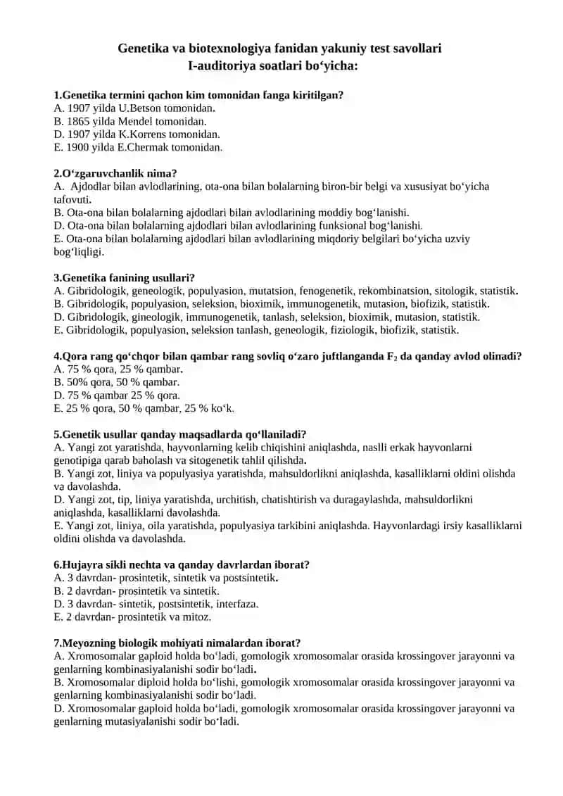 Zooinjeneriya ta’lim yo‘nalishlari uchun GENETIKA VA BIOTEXNOLOGIYA fanidan yakuniy test savollari 3