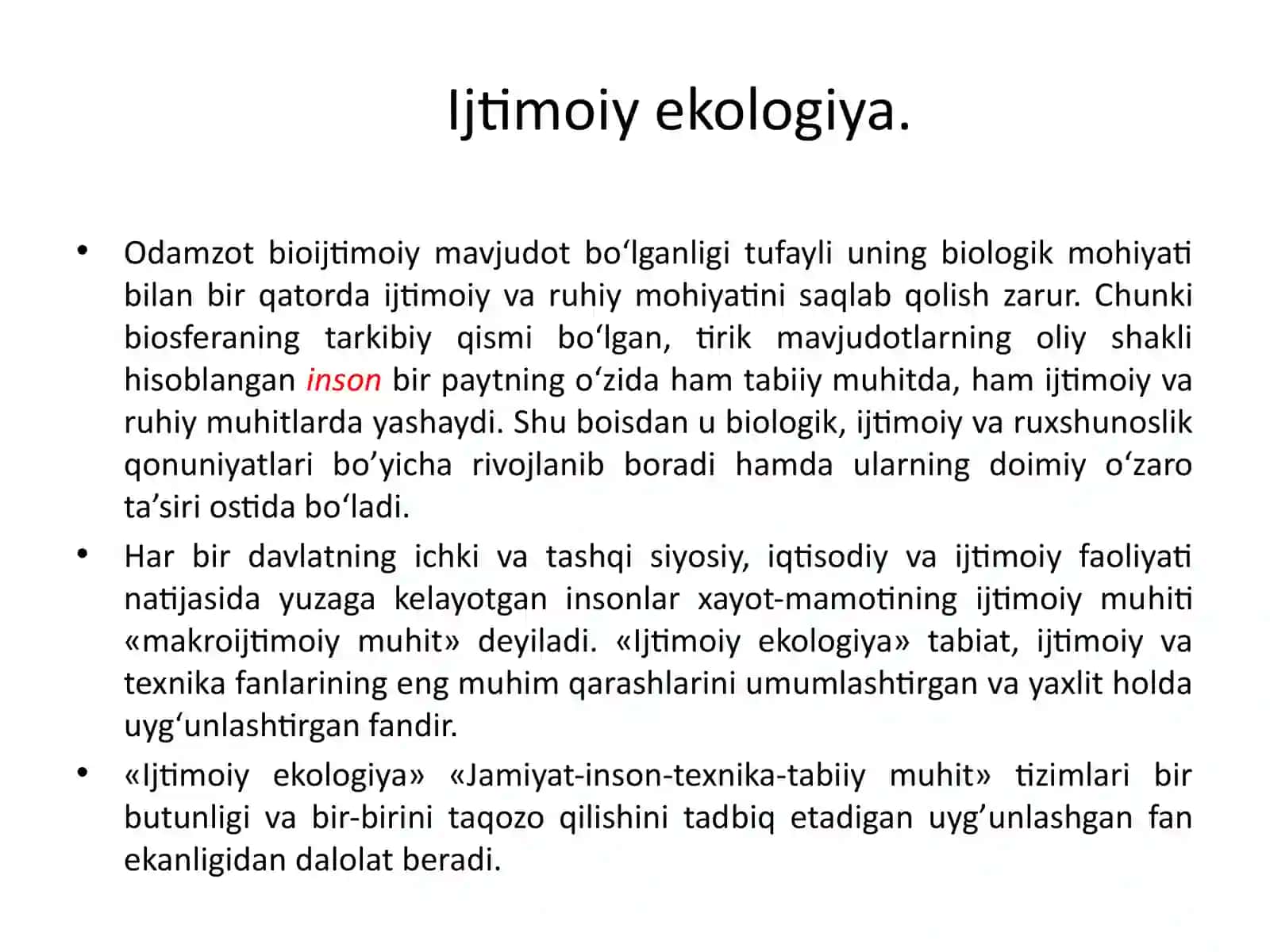 AMALIY VAIJTIMOIY EKOLOGIYA. INSON EKOLOGIYASI. ZAMONAVIY EKOLOGIK MUAMMOLAR 3