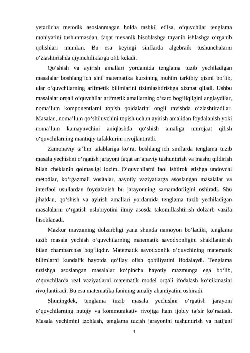 Boshlang‘ich sinflarda qo‘shish va ayirish amallari yordamida tenglama tuzib yechiladigan masalalar va uni yechishni o‘rgatish uslubiyoti 3