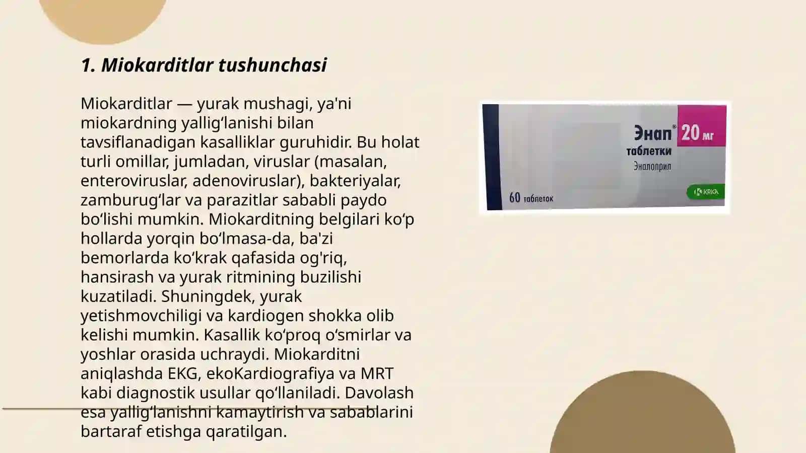 Miokarditlar. Tug‘ma va orttirilgan karditlar. Tasnifi, ekstrakardial va kardial belgilari, qiyosiy tashxis, orttirilgan va tug‘ma karditlarni davolash tamoyillari 3