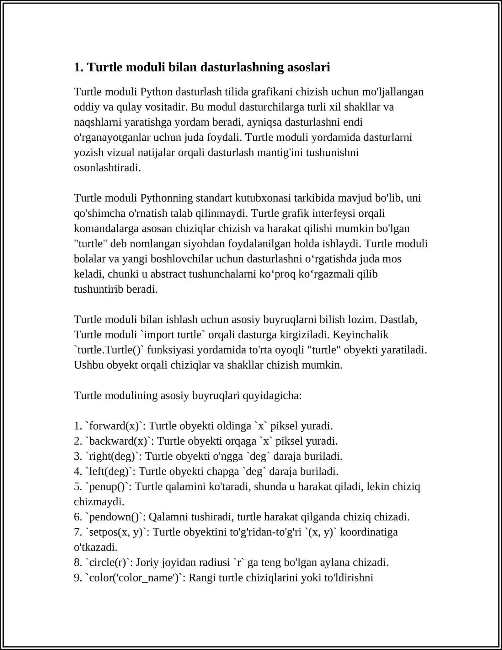 TURTLI MODULI BILAN ISHLASH VA DASTURLAR YOZISH 3