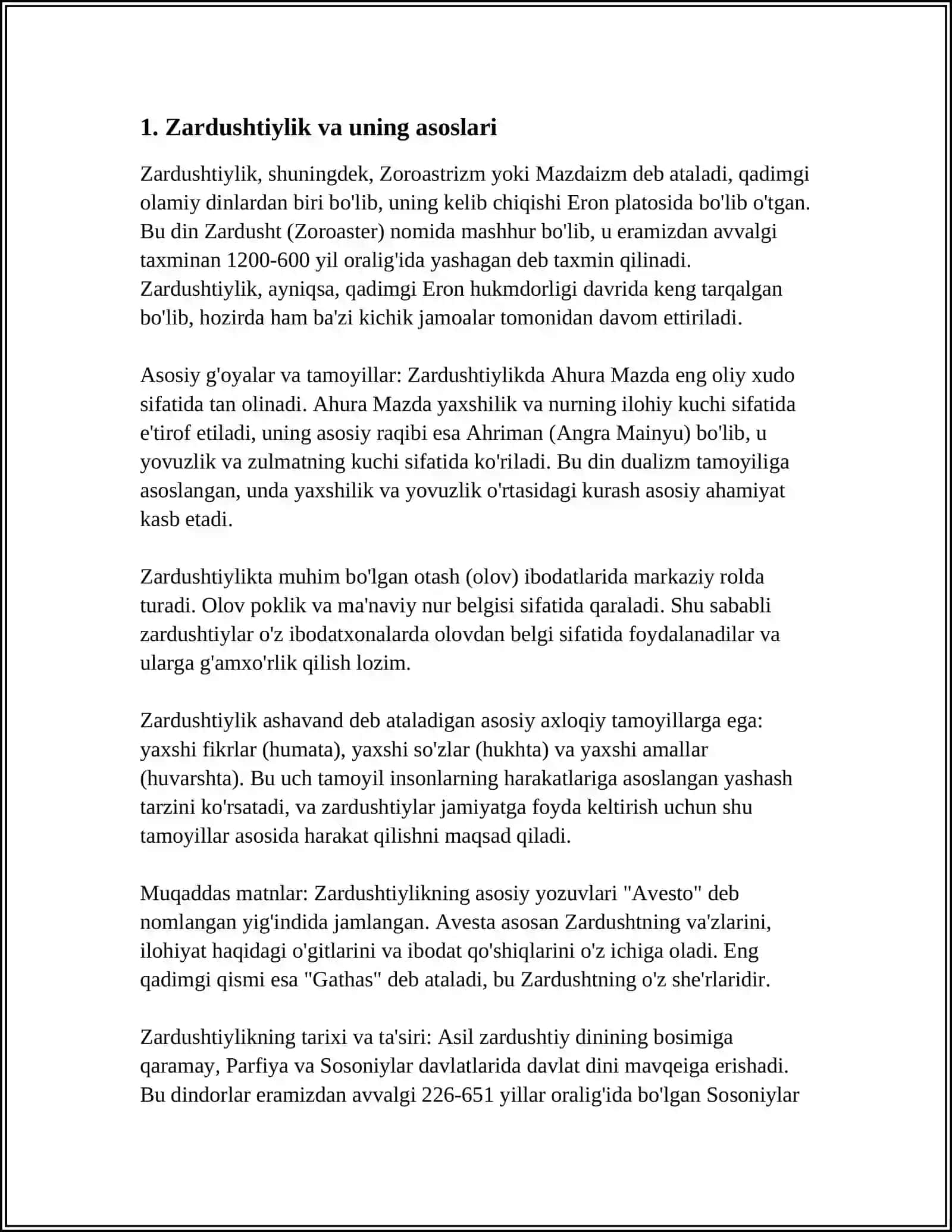 DAVLATCHILIK TUSHUNCHASI. ZARDUSHTIYLIKNING MUQADDAS KITOBNI "AVESTO" DA QADIMGI DAVLATCHILIK TARIXIDAGI OID MALUMOTLAR ULARNING MAZMUNI VA MOHIYATI 3
