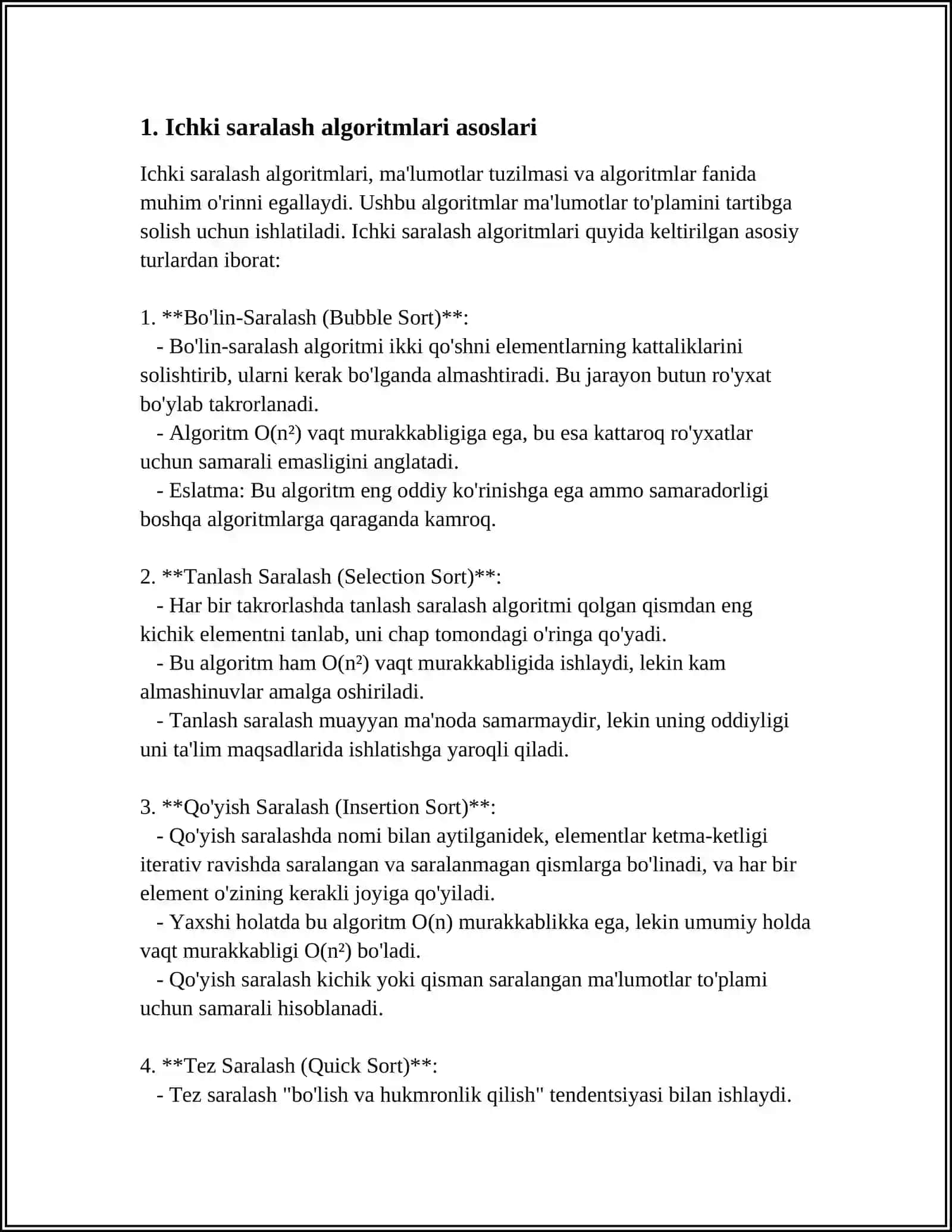 ICHKI VA TASHQI SARALASH (TARTIBLASH) ALGORITMLARI HAMDA ULARNING MURAKKABLIGI 3