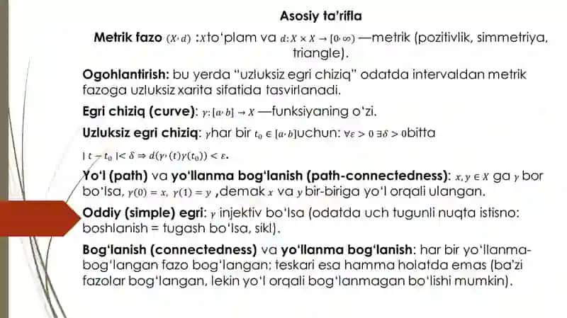 Metrik fazolarda uzluksiz egri chiziqlar. Ayrim metrik fazolarning qo`shmasi 3