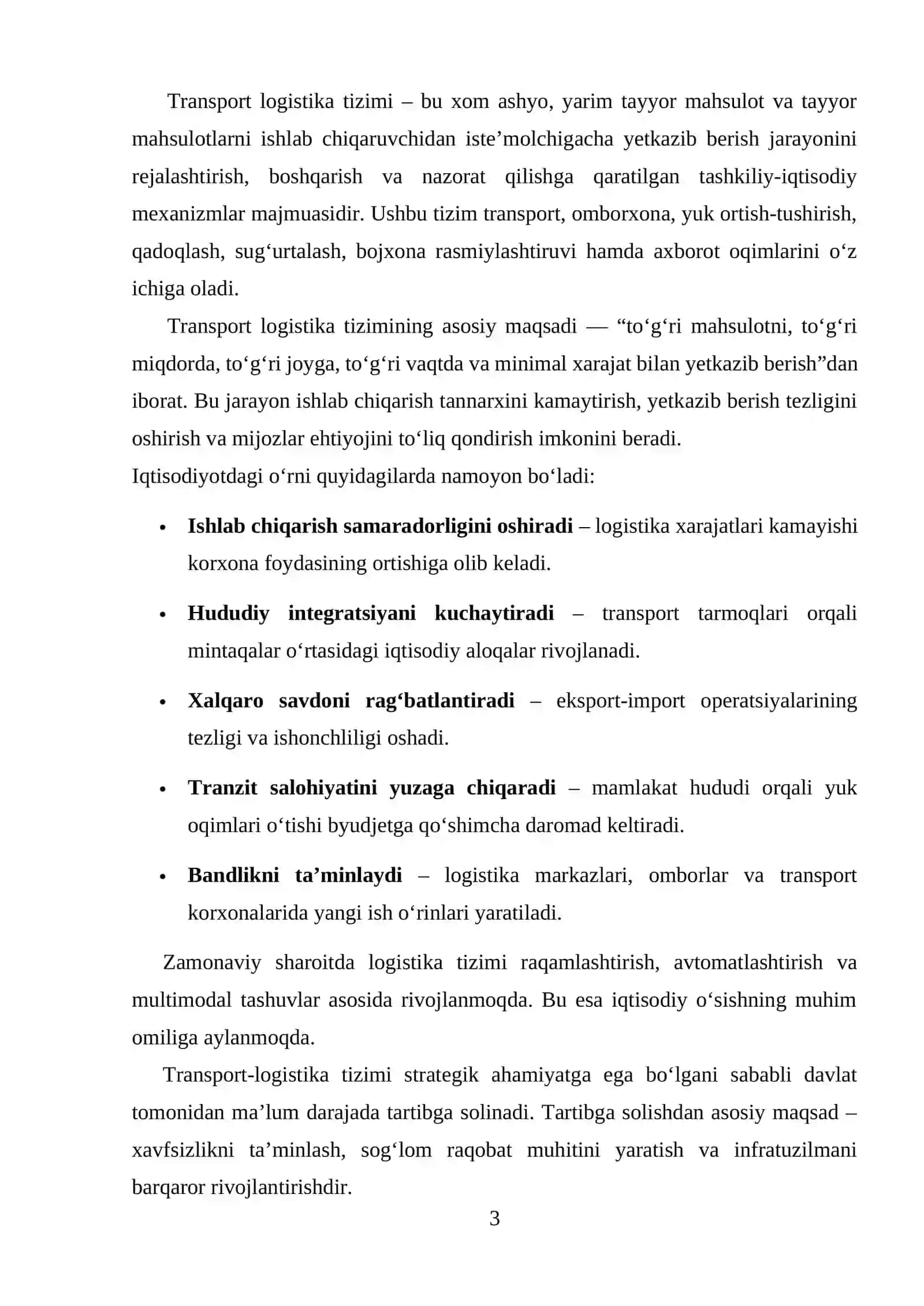 TRANSPORT LOGISTIKA TIZIMINI DAVLAT TOMONIDAN TARTIBGA SOLISH VA QO'LLAB QUVVATLASH 3