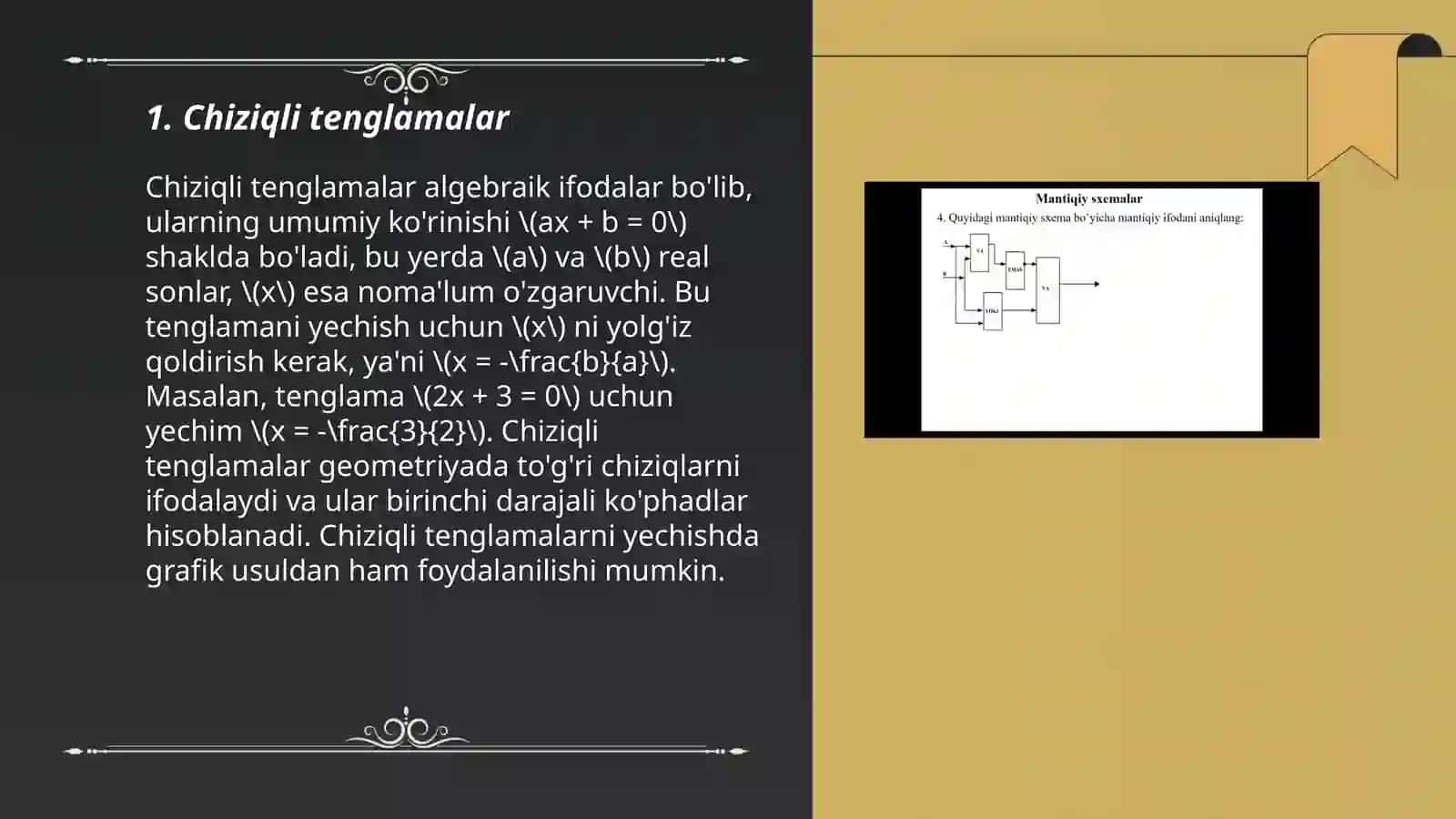 Mantiq algebrasida oddiy operatsiyalar va munosabatlar 3