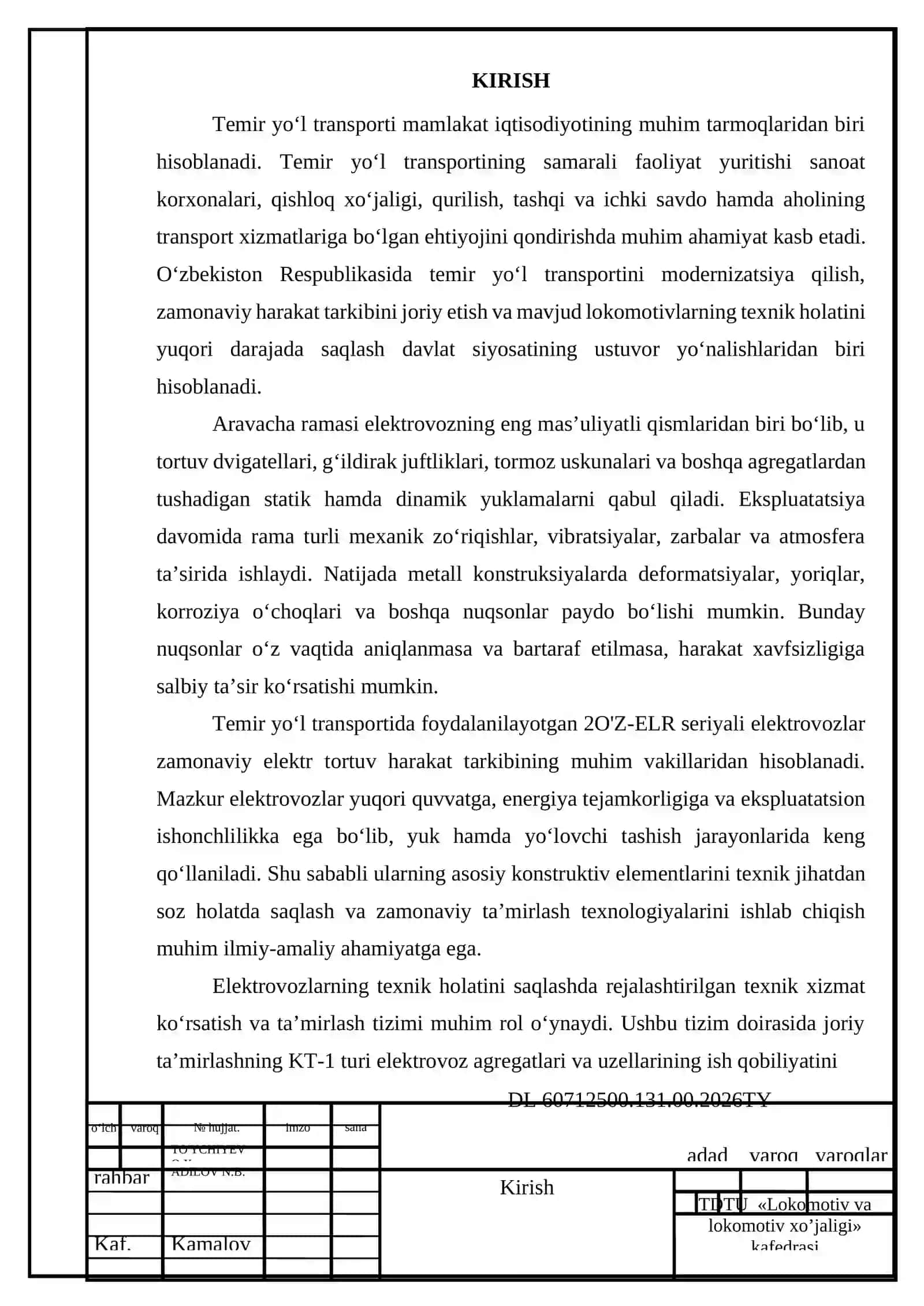 2O'Z-ELR seriyali elektrovoz aravacha ramasini KT-1 hajmida ta'mirlash texnologiyasini ishlab chiqish 3