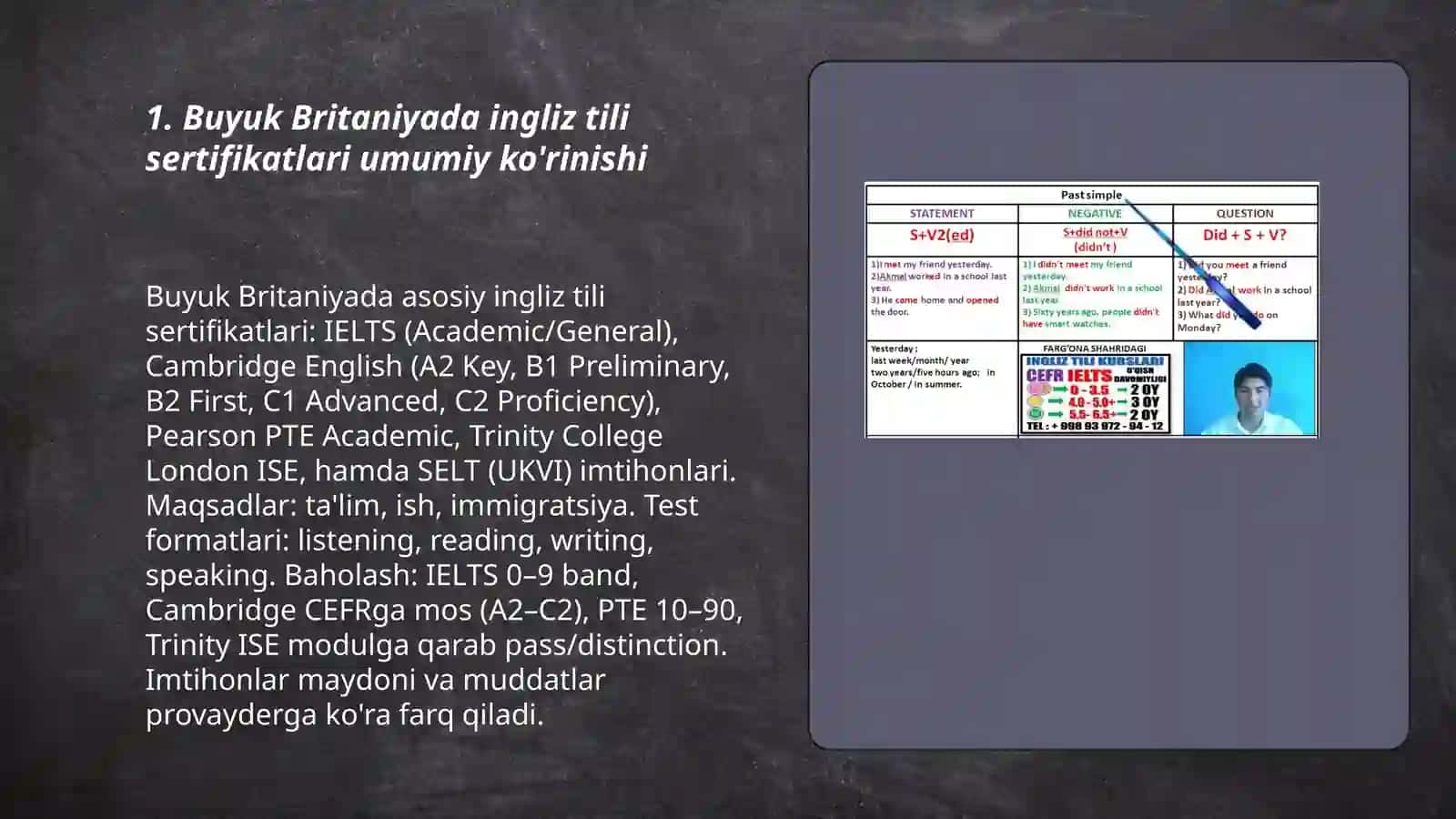 Buyuk Biritaniyada Ingliz tili bo'yicha ilimni baholash, sertifikat berish tartibi, test formati, baholash mezonlari haqida taqdimot 3