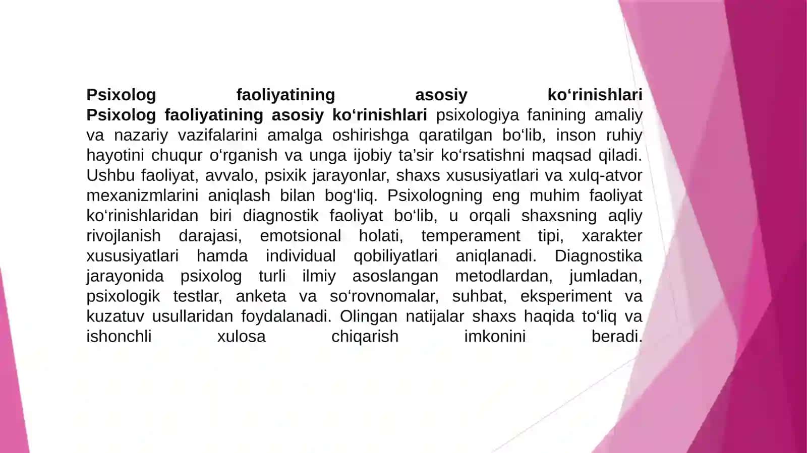 Psixolog faoliyatining ko’rinishi va sohalari 3