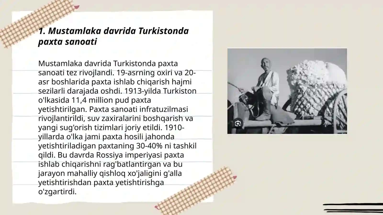 Mustamlaka davrida Turkistonda paxta sanoati 3