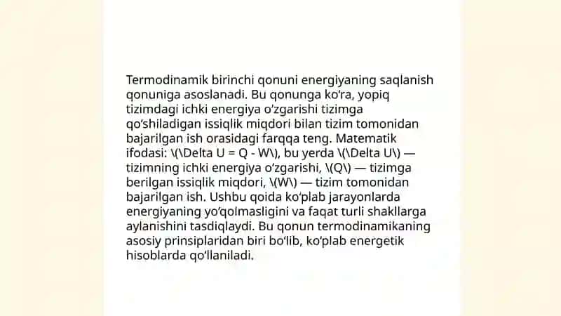 Termodinamikaning birinchi qonuni. lzojarayonlarga bogliqligi 3