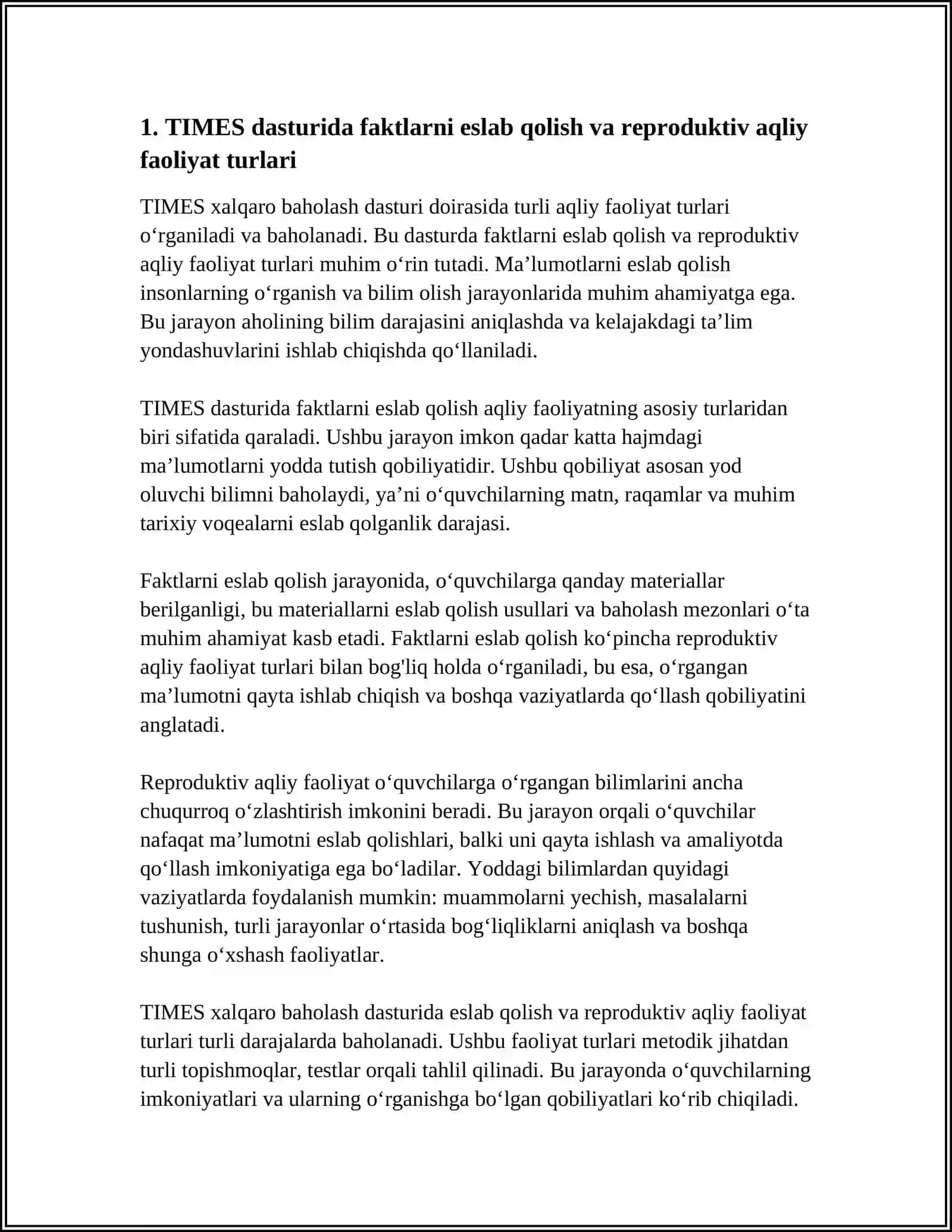 TIMES XALQARO BAHOLASH DASTURIDA AQLIY FAOLIYAT TURLARI 3