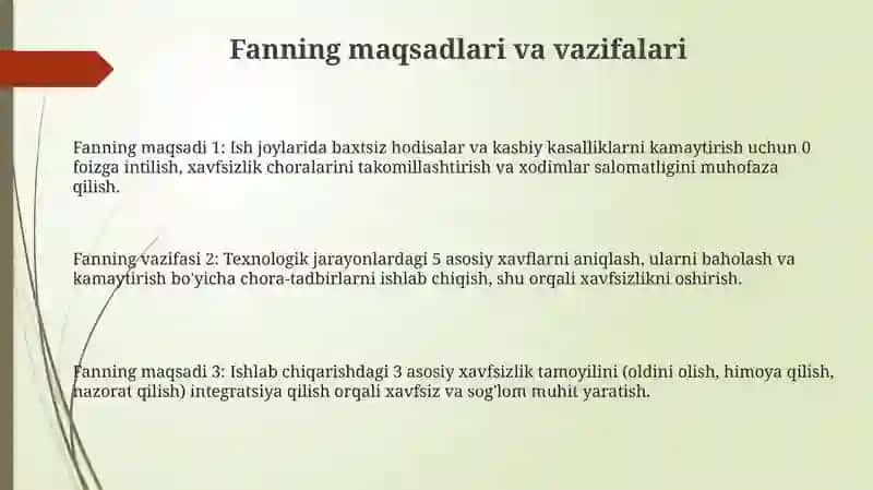 Texnalogik jarayonda mehnat faoliyati xavfsizligi fanining maqsad va vazifalari 3