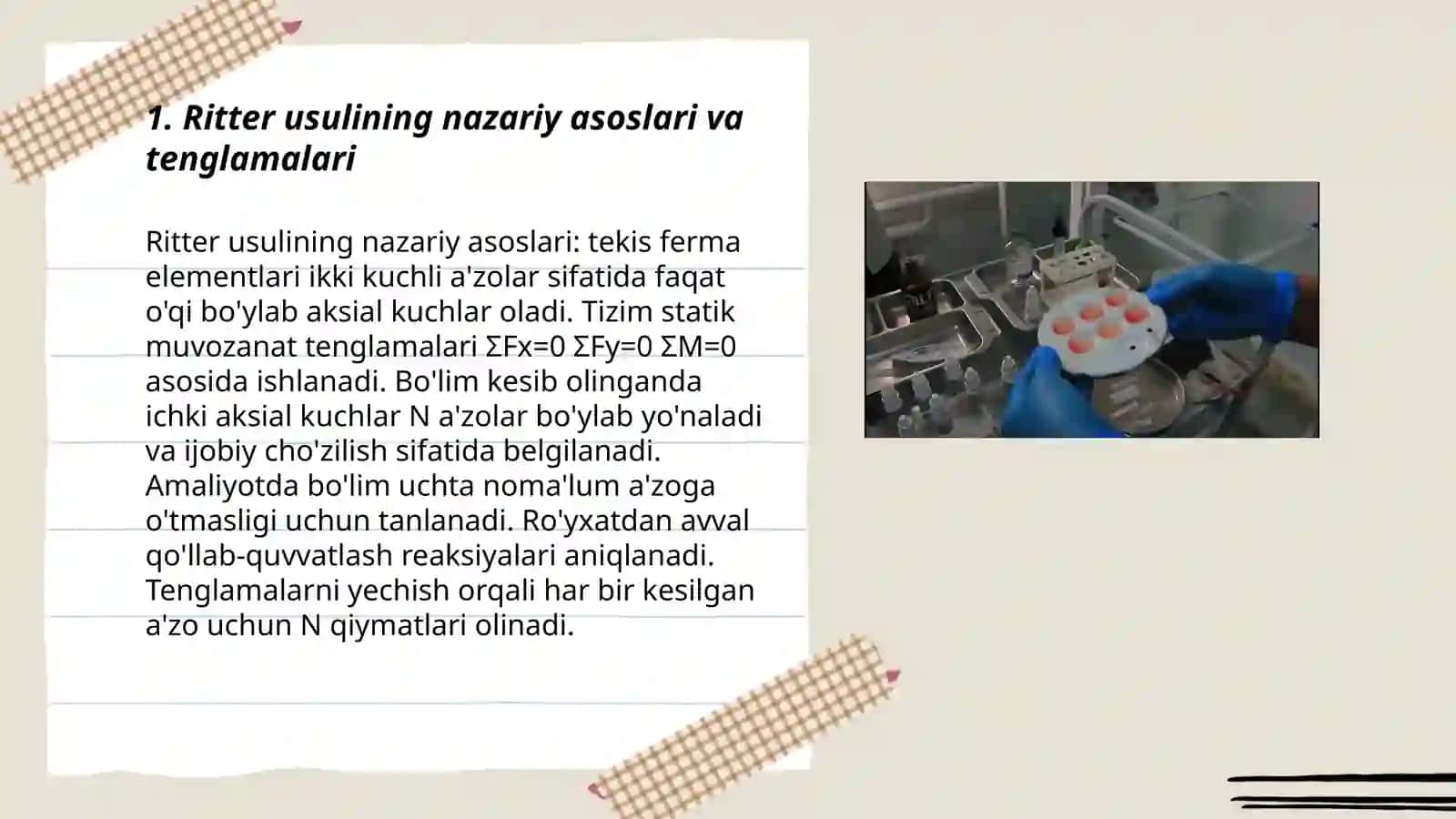 Ritter va tugun kesish usullari yordamida ferma sterjenlardagi reaksiya kuchlarini aniqlash 3