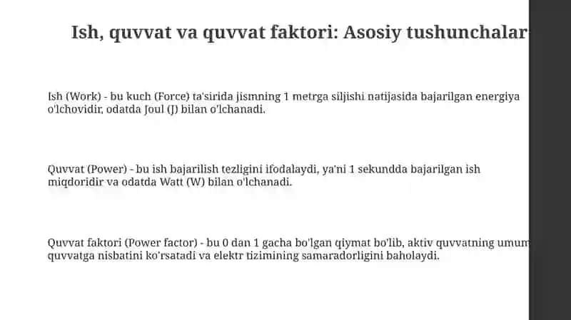 Ish, quvvat va quvvat faktori: Asosiy tushunchalar 3