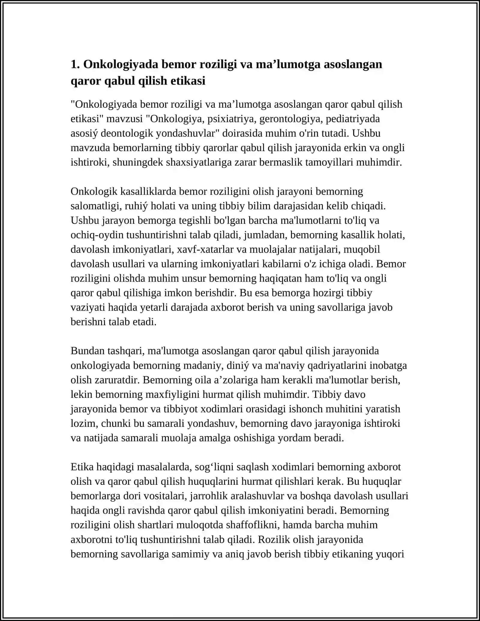 Onkologiya, Psixiatriya, Gerontologiya, Pediatriyadagi Asosiy Deontologik Yondashuvlar 3