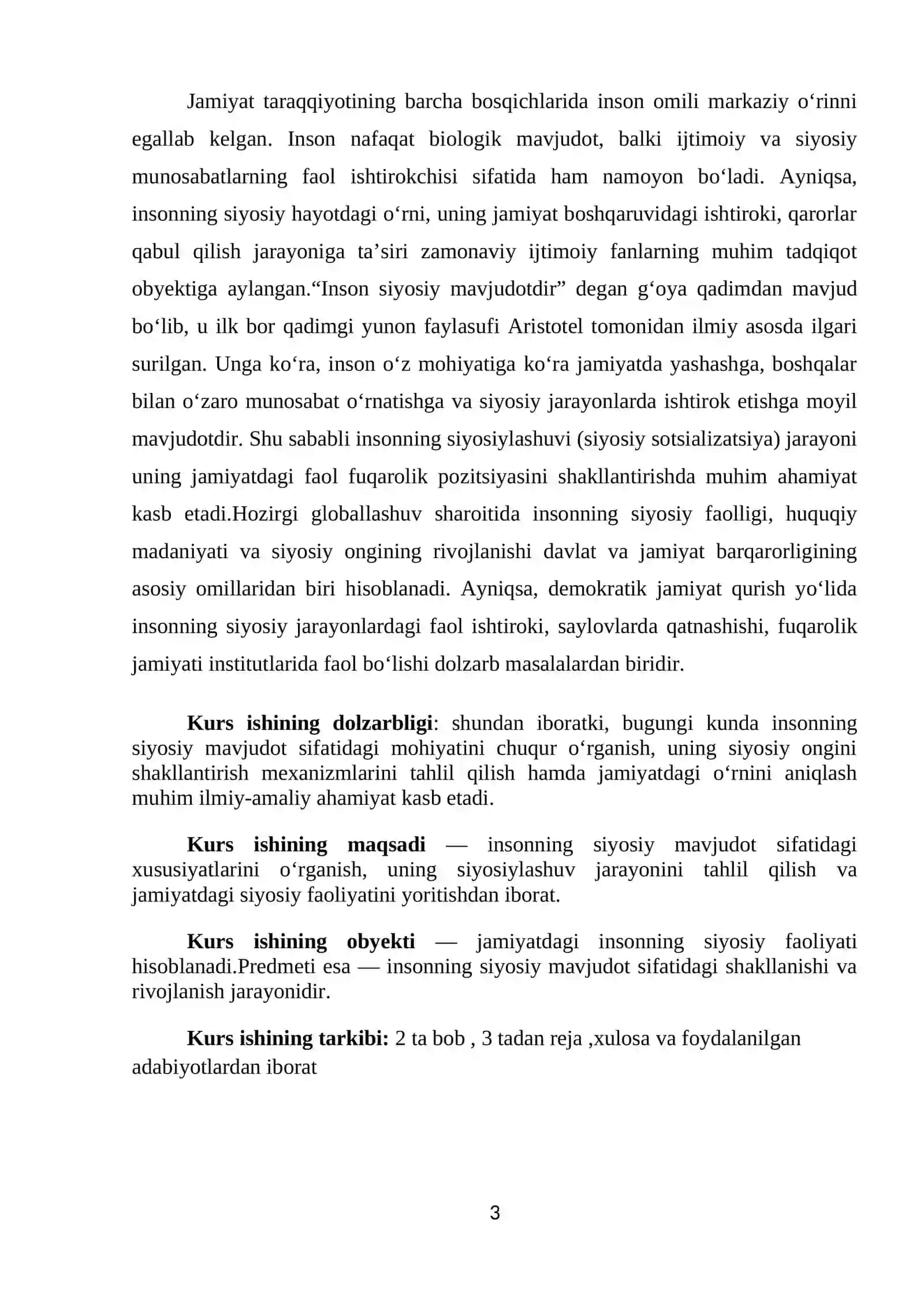 Insonning "siyosiy mavjudot" sifatida - kurs ishi 3