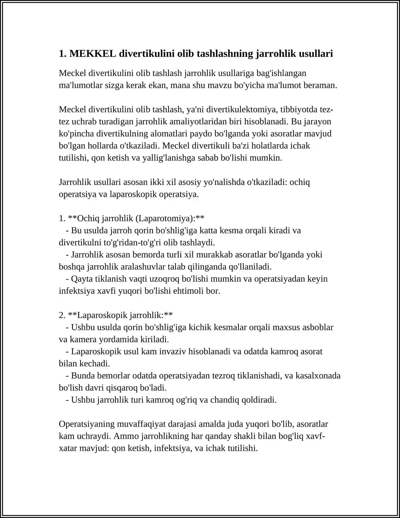 MEKKEL DEVIRTIKULINI OLIB TASHLASH.MEGAKOLON VA GIRSHPRUNG KASALLIGIDA OPERATSIYALAR 3