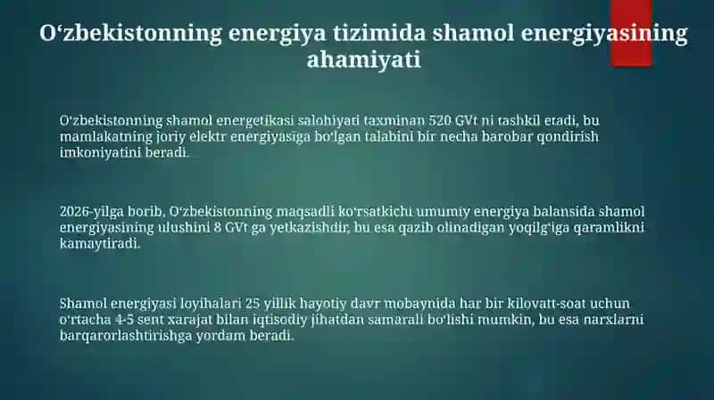 Shamol energetikasining Oʻzbekiston energotizimidagi axamiyati 3