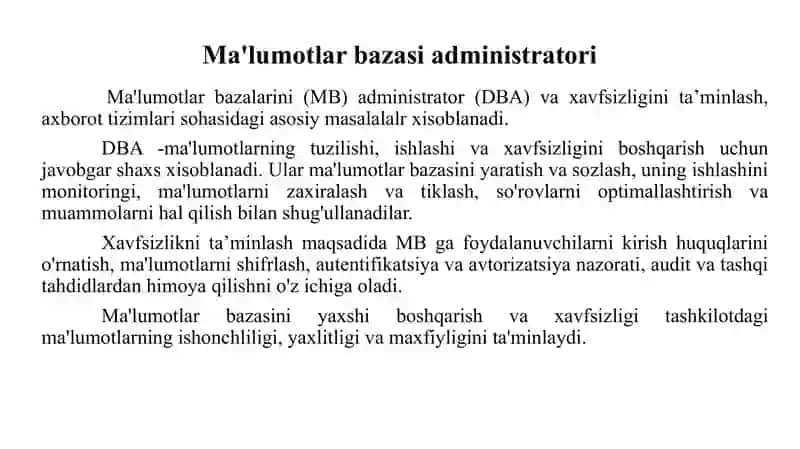 MA’LUOTLAR BAZASINI ADMINISTRATORLASH VA XAVFSIZLIGINI TA‘MINLASH 3