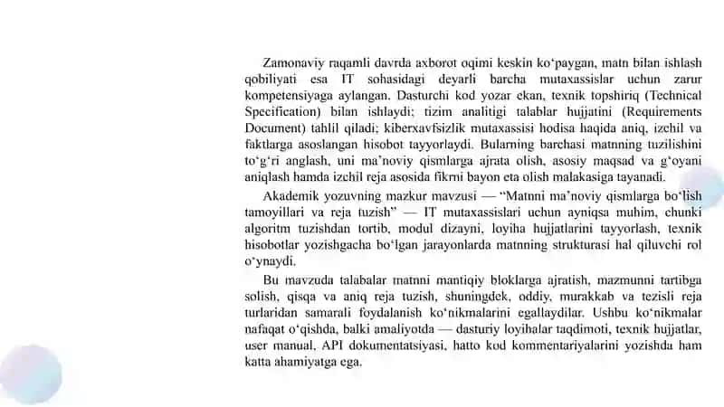 Matnni ma’noviy qismlarga bo‘lish tamoyillari. Reja. Rejaning turlari 3