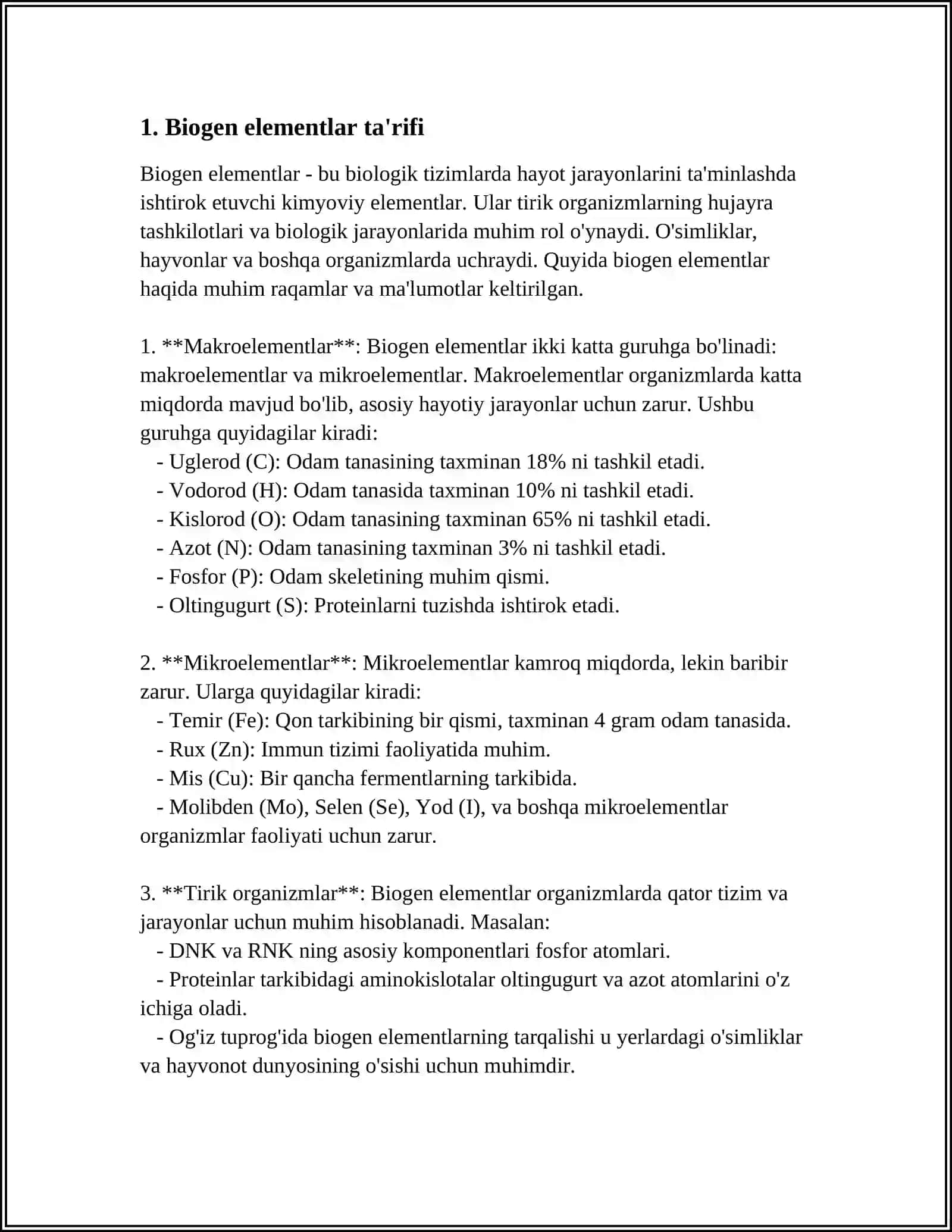 MUSTAQIL ISH Mavzu: BIOGEN ELEMENTLAR 3