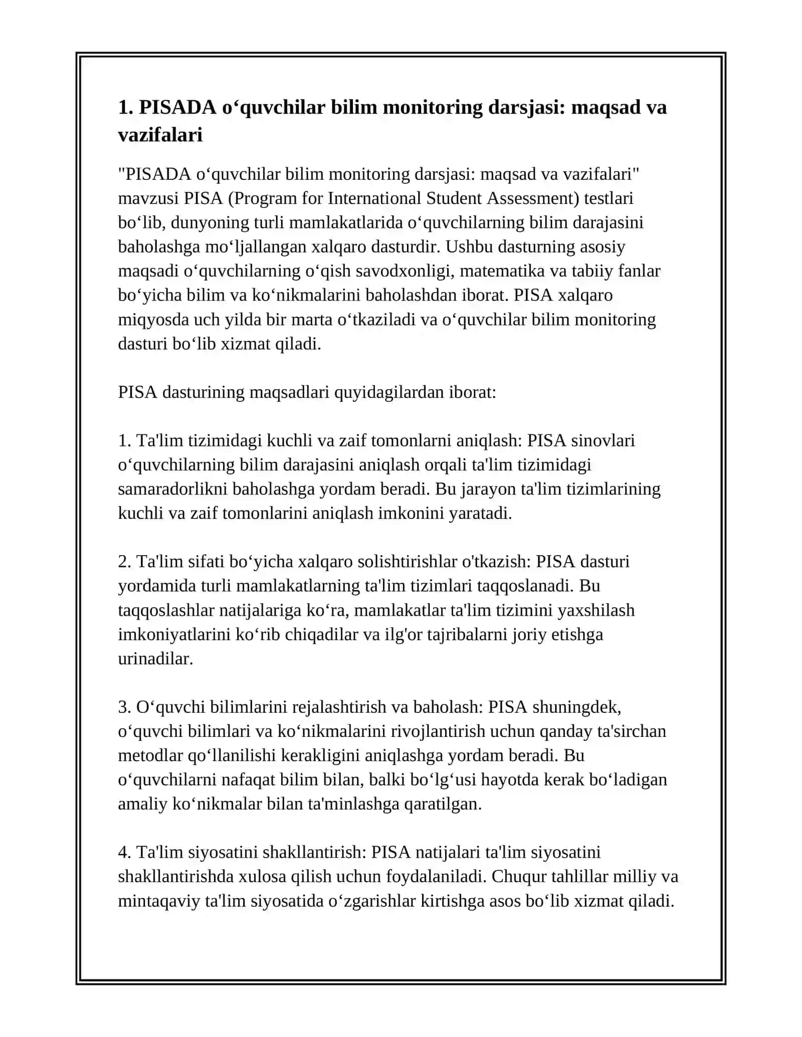 PISADA OʻQUVCHILAR BILIM MONITORING DARAJASI 3