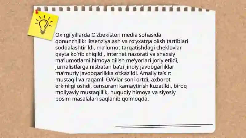 Oʻzbekiston Respublikasida ommaviy axborot vositalarining faoliyati( oʻzgarish va muammolar) 3