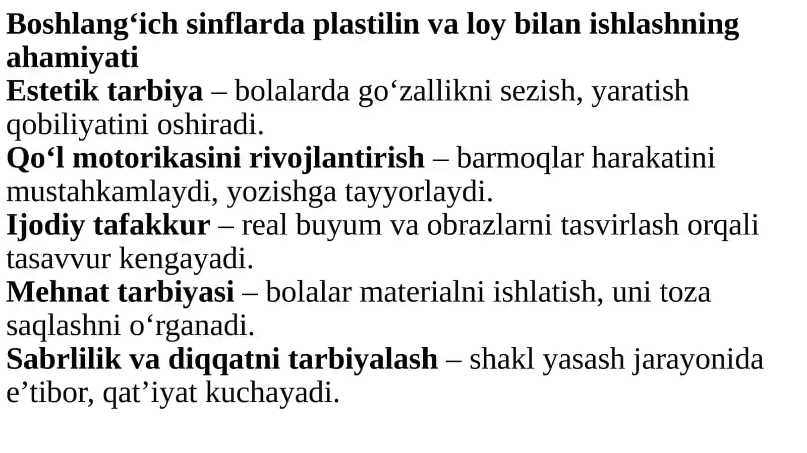 PLASTILIN VA LOY BILAN ISHLASH DARSLARINI TASHKIL ETISH METODIKASI 3