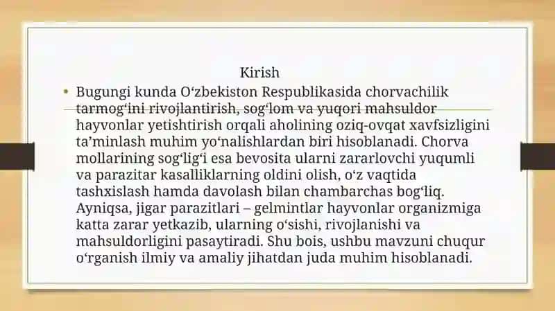 O‘zbekistondachorva mollari jigarida parazitlik qiluvchigelmintlarningbiologikxususiyatlari, qo‘zg‘atadigan kasalliklari va ularni oldini olish choralari 3