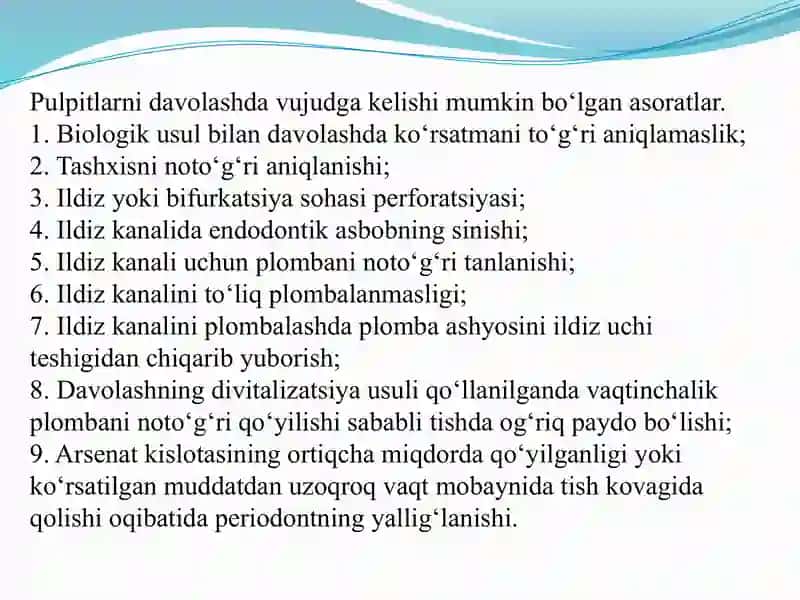 Devital amputatsiya usuli. Ko’rsatma. O’tkazish texnikasi. Devital amputatsiya usulida yuzaga keluvchi xato va asoratlar. 3