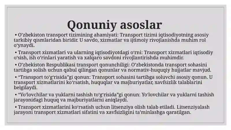 O’zbekistonda transport xizmatining qonuniy va huquqiy asoslari 3