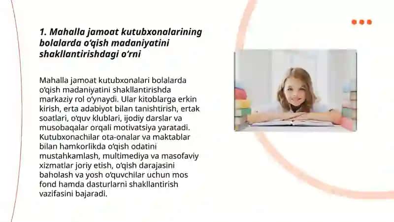 Mahallalarda tashkil etilgan jamoat kutubxonalarining bolalarga kutubxona xizmatlarini koʻrsatishdagi oʻrni va vazifalari 3
