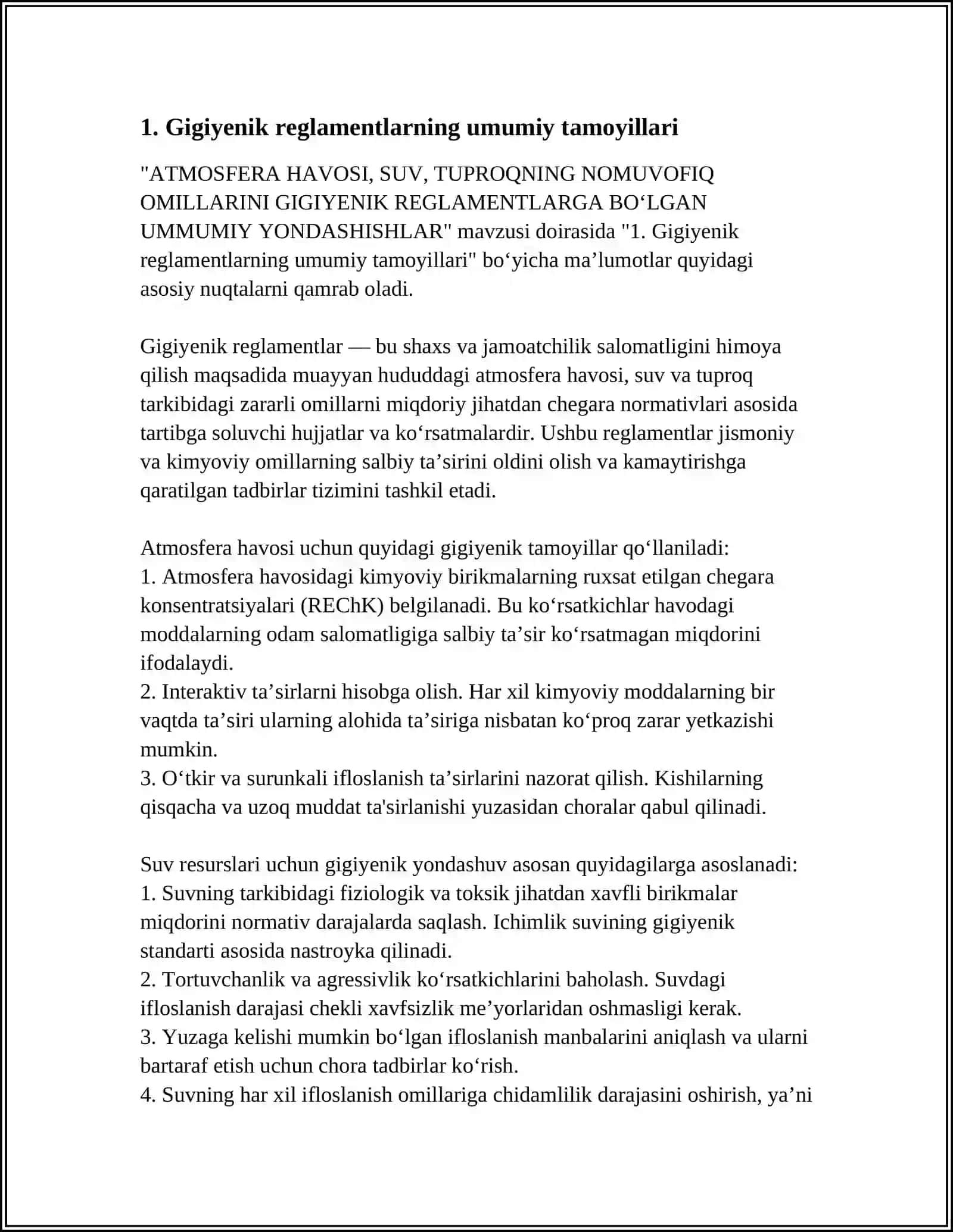 ATMOSFERA HAVOSI, SUV, TUPROQNING NOMUVOFIQ OMILLARINI GIGIYENIK REGLAMENTLARGA BOʻLGAN UMMUMIY YONDASHISHLAR 3