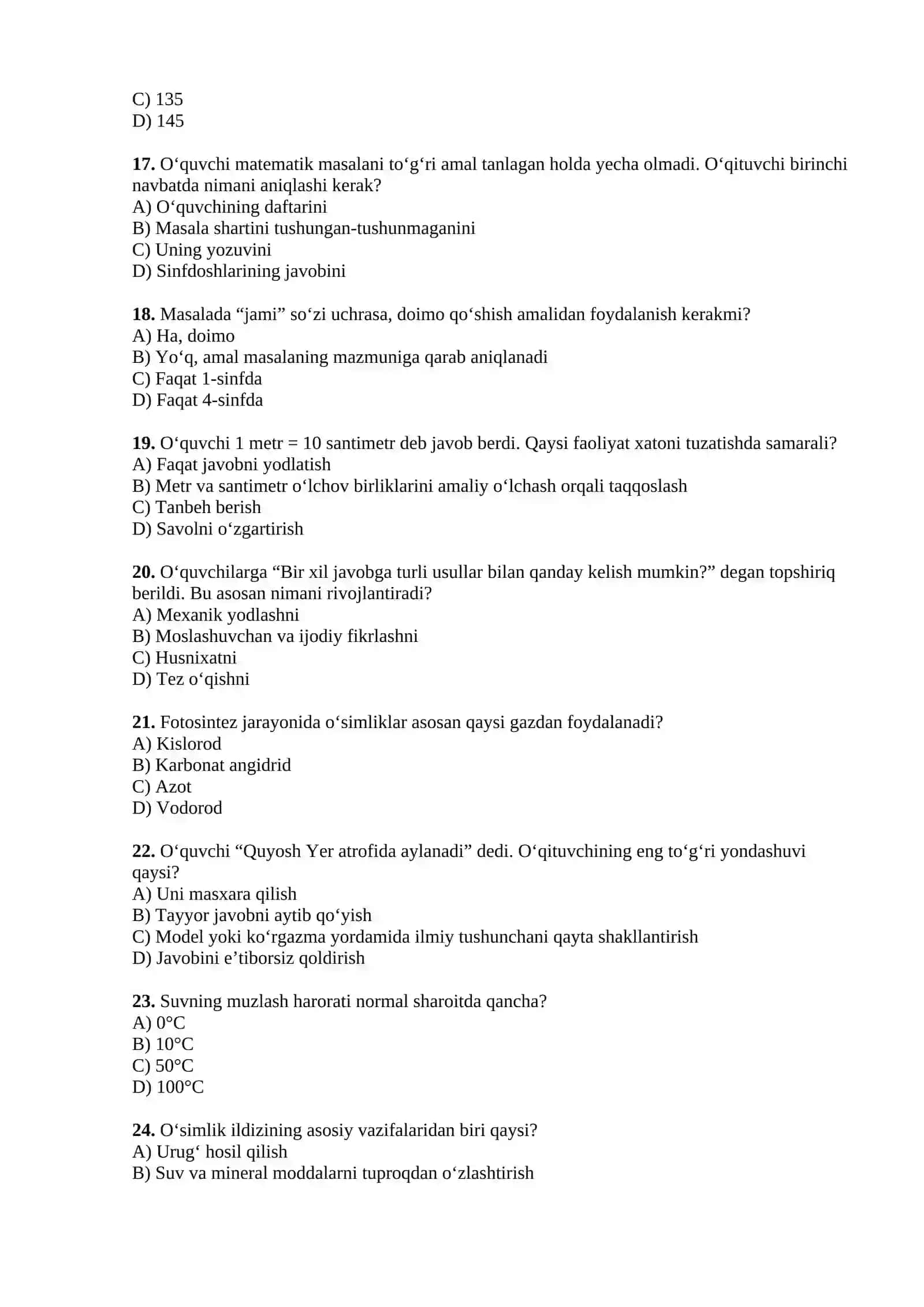 PEDAGOG XODIMLAR UCHUN KASBIY SERTIFIKAT TUSHADIGAN SAVOLLAR Boshlangich talim yonalishi uchun 3