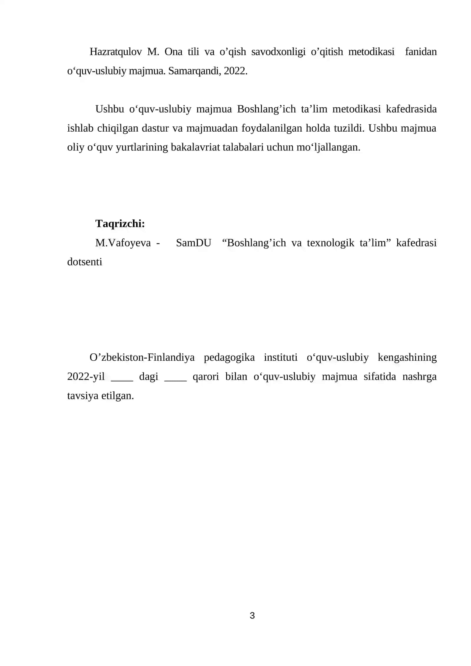 ONA TILI VA O’QISH SAVODXONLIGI O’QITISH METODIKASI 3