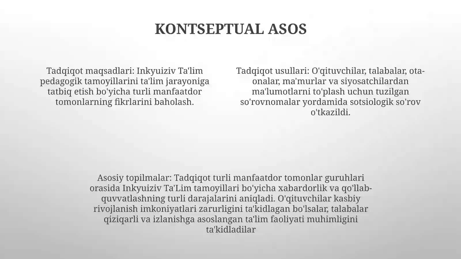 Inkyuiziv Ta'Lim Ğoyalarini Amaliyotga Tadbiq Etish Bõyicha Turli Guruhlarga Mansub Respondentlarning Fikrlarini Aniqlashga QaratilganSotsiologikTadqiqotlar 3