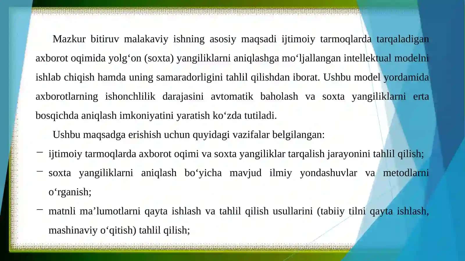 Ijtimoiy tarmoqlarda tarqaladigan axborot oqimida yolgʻon (soxta) yangiliklarni aniqlashning intelektual modelini ishlab chiqish 3